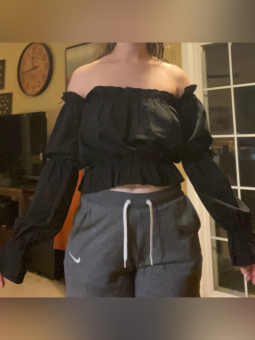 Off the shoulder cinched flowy black top